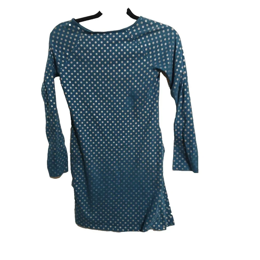Girls LANDS END TURQUOISE BLUE SILVER POLKA DOT Long Sleeve DRESS Size M 10-12